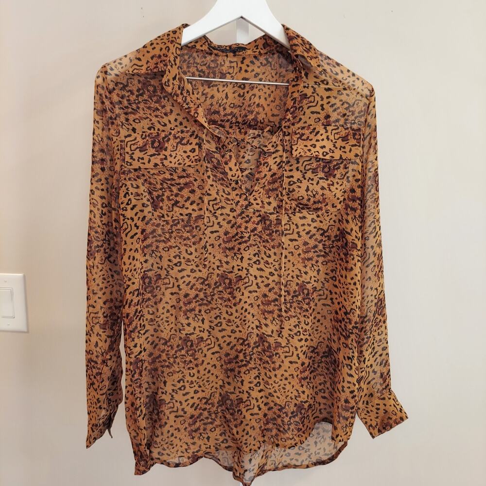 BCBG MaxAzria Blouse Small Sheer Lace Up Animal Print
